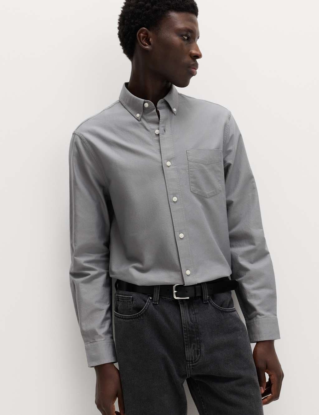 Marks & Spencer M&S Long-Sleeve Oxford Shirt in Grey