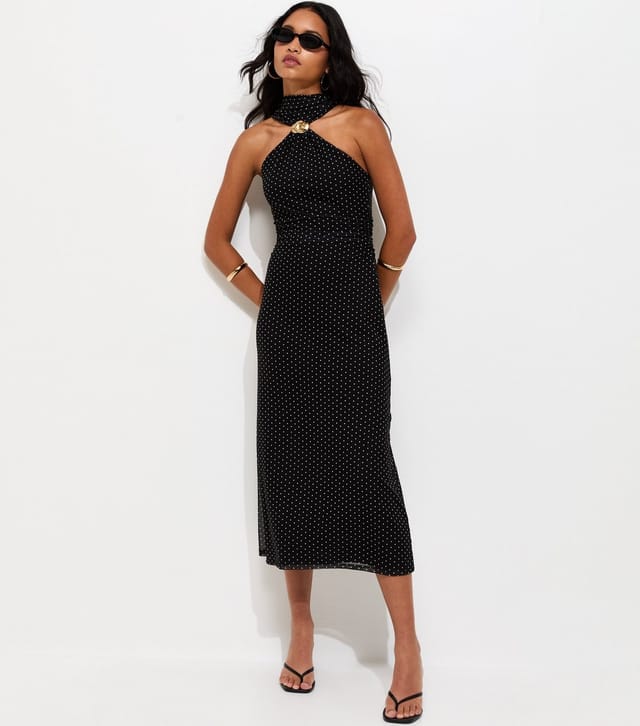 New Look Women's Black Polka Dot Halterneck Midi Dress with Scarf New Look - 3
