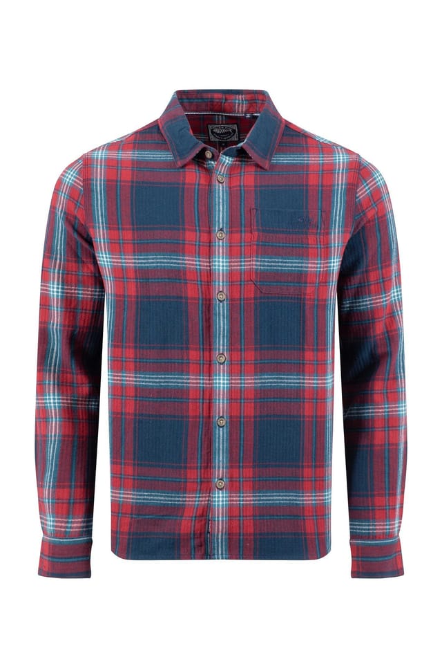 Weird Fish Weird Fish Men's Broxton Cotton Long Sleeve Herringbone Check Shirt in Burgundy - 2