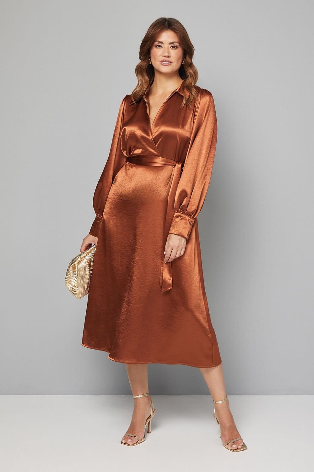 Wallis Wallis Women's Satin Collared Tie Waist Midi Dress in Ginger