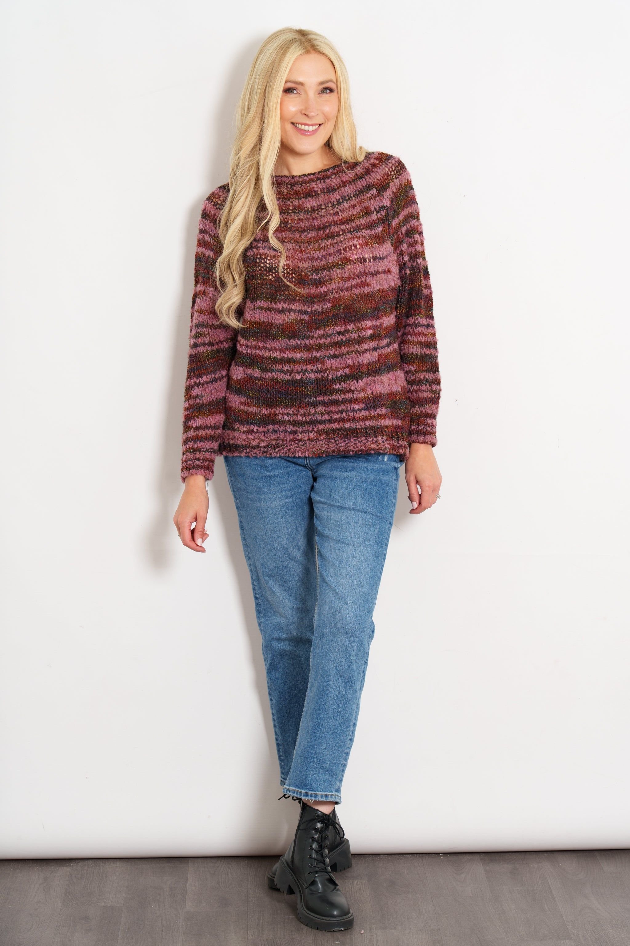 Sarta Sarta Women's Textured Stripe Wool Blend Knitted Jumper in Burgundy - 3