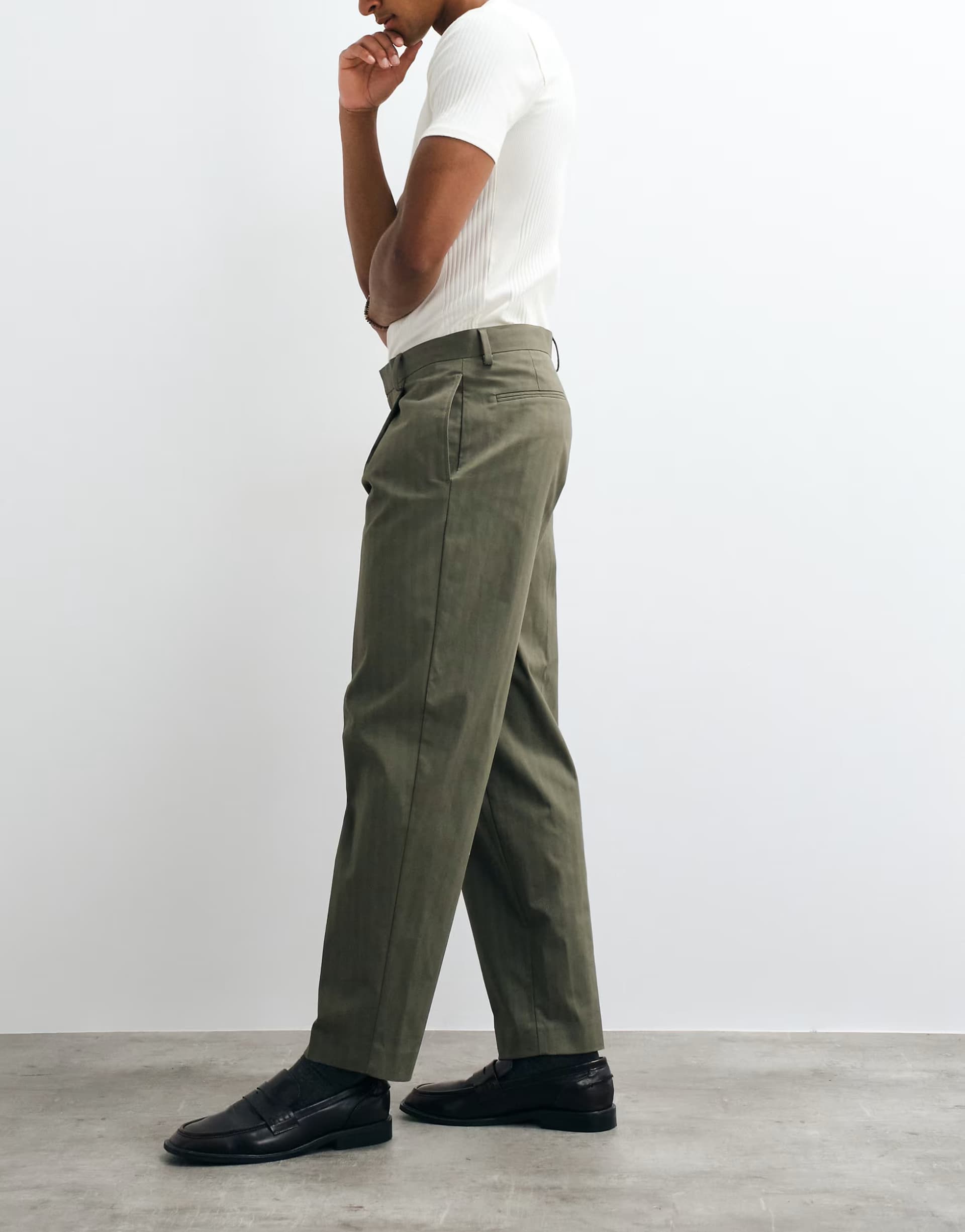 ASOS ASOS DESIGN tailored cotton rich oversized tapered trousers in khaki herringbone