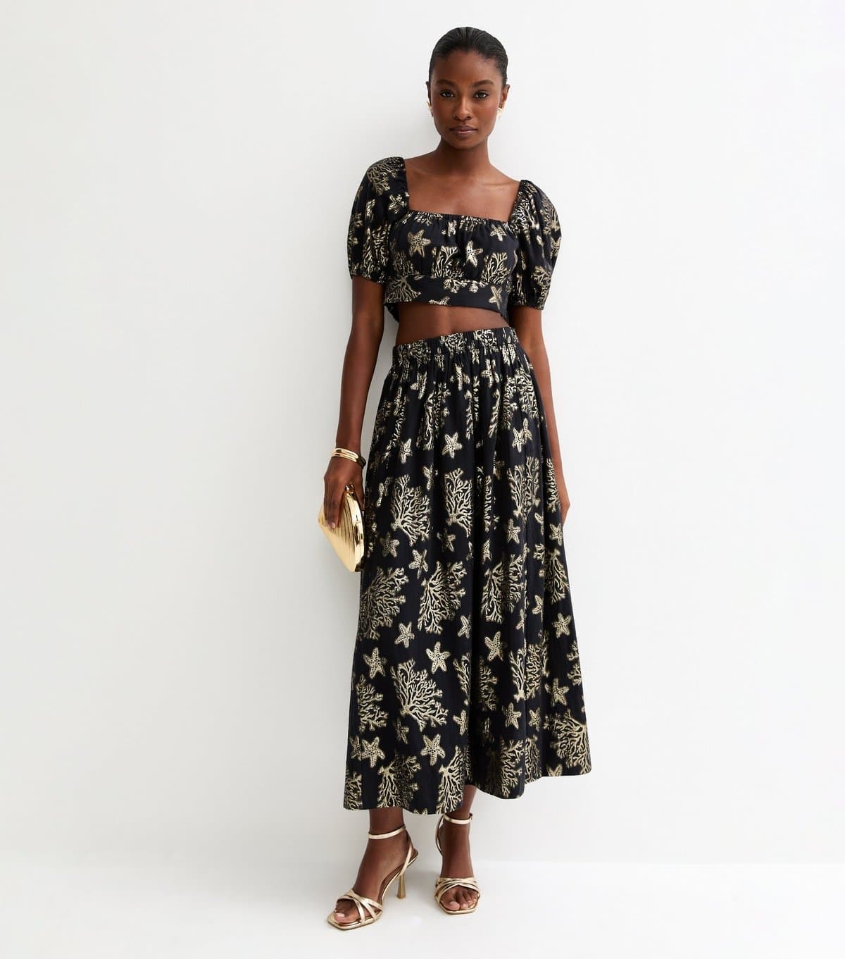 New Look New Look Black Foiled Starfish Tiered Midi Skirt