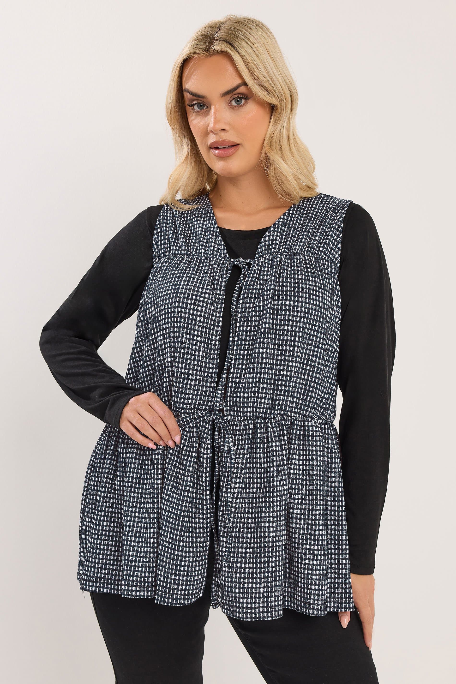 Yours Plus Size Black Gingham Bow Tie Front Top