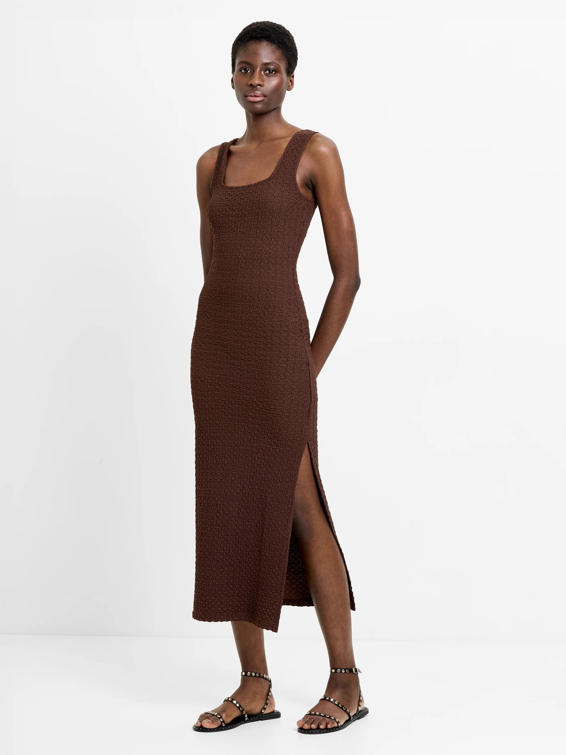 French Connection Textured Square Neck Midi Dress Chocolate Brown