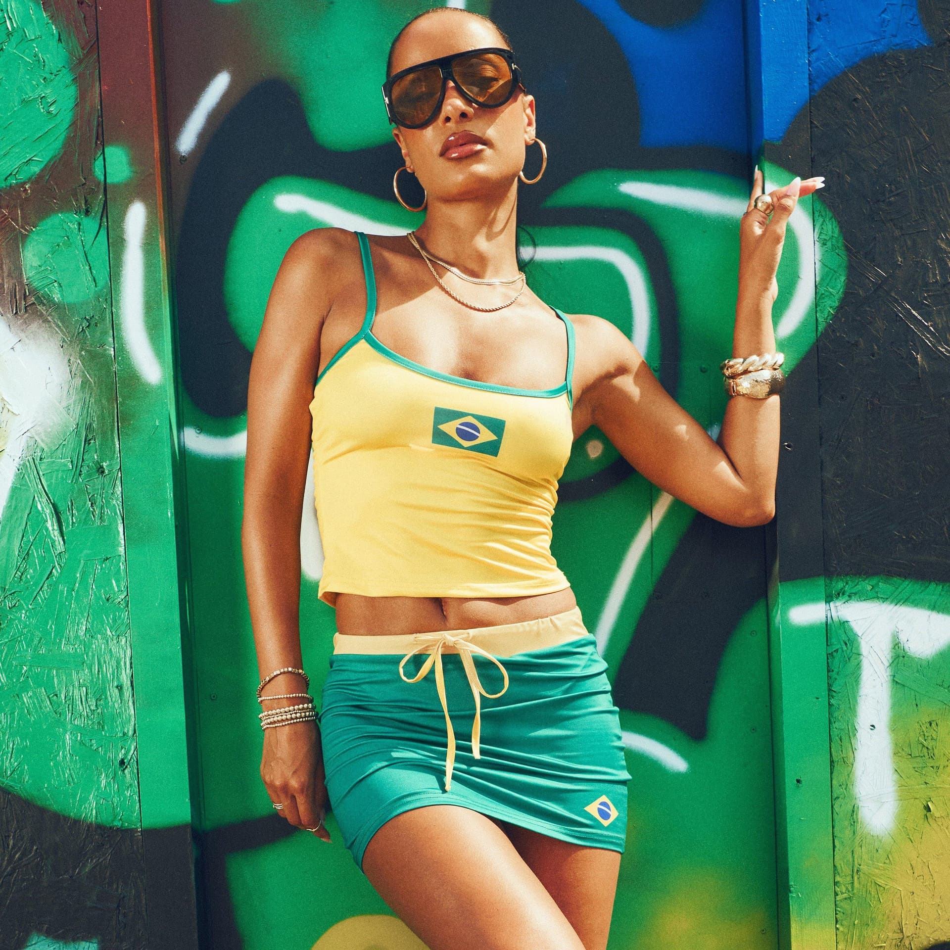 EGO Brazil Scoop Neck Logo Detail Top And Tie Waist Mini Skirt Co-Ord Set In Yellow & Green, Women's Size UK 6