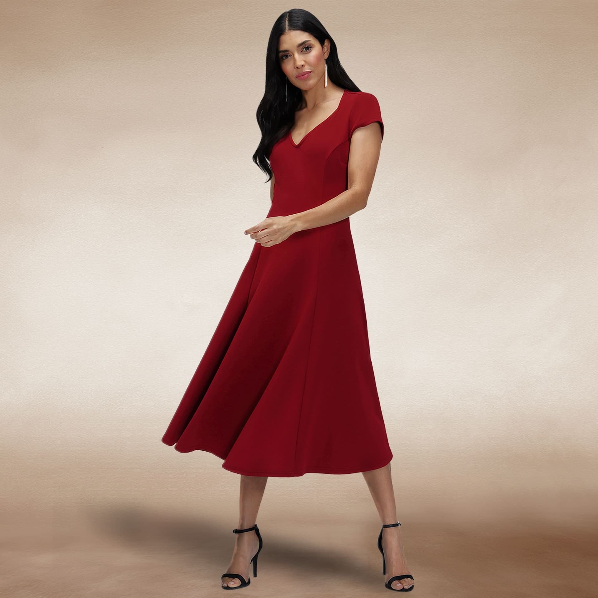 Hot Squash Hot Squash Women's A Line Midi Dress with Cap Sleeves in Wine