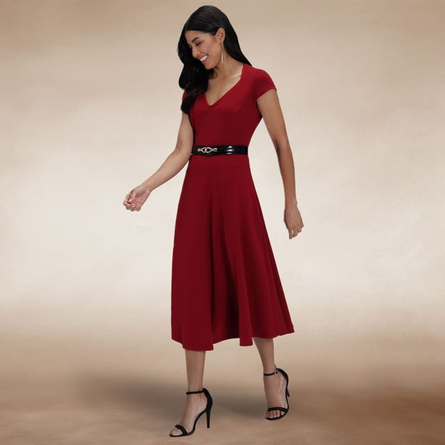 Hot Squash Hot Squash Women's A Line Midi Dress with Cap Sleeves in Wine - 2