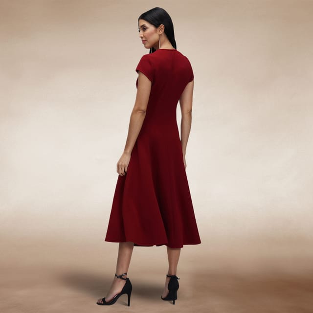 Hot Squash Hot Squash Women's A Line Midi Dress with Cap Sleeves in Wine - 3