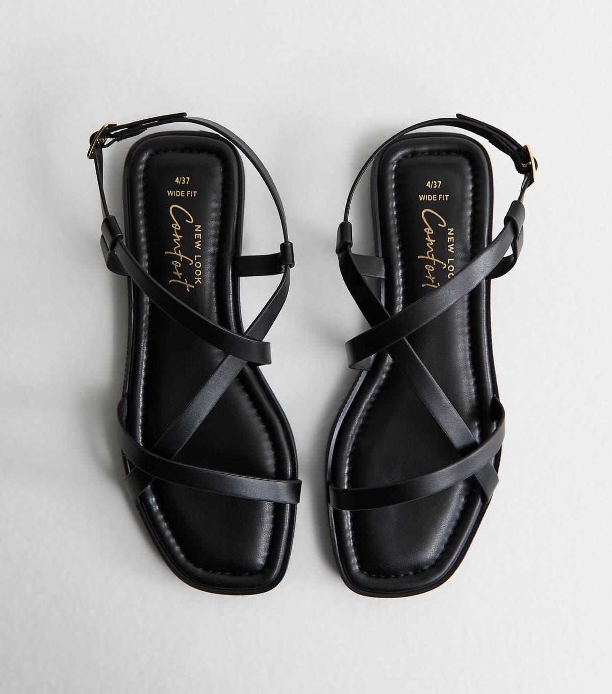 New Look Women's Wide Fit Black Faux Leather Multi Strap Flat Sandals Vegan New Look