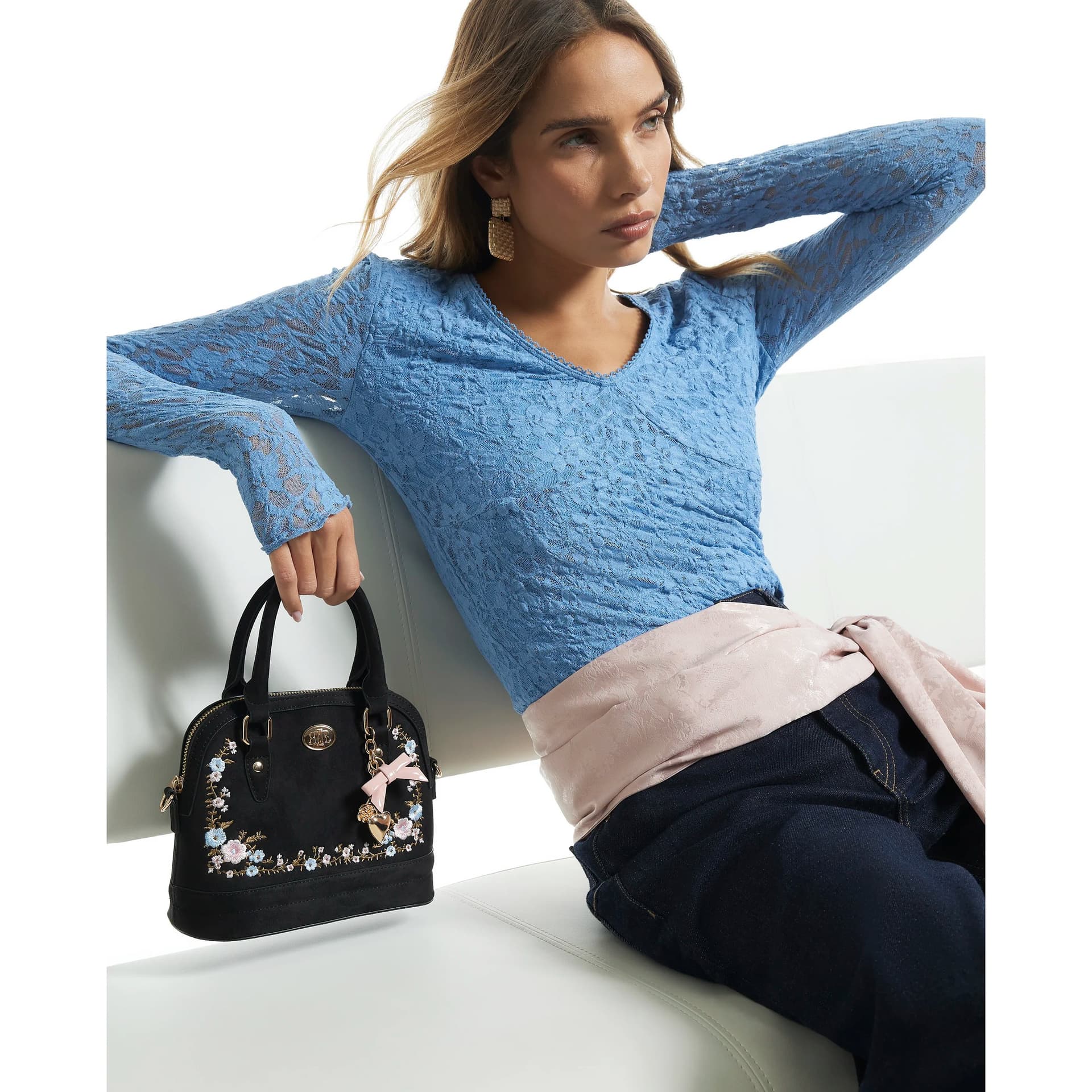 River Island River Island Womens Black Floral Embroidered Faux Suede Bag