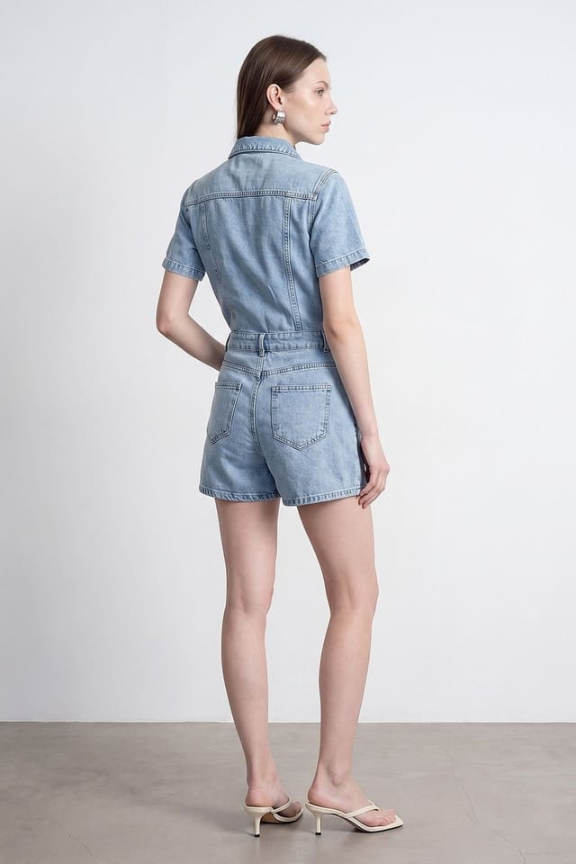 Dilvin Dilvin Women's Denim Dungaree Shorts With Shirt Collar in Light Blue - 2