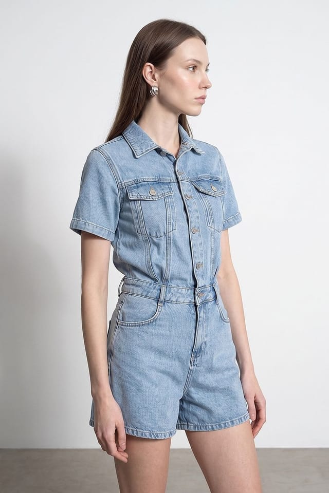 Dilvin Dilvin Women's Denim Dungaree Shorts With Shirt Collar in Light Blue - 3