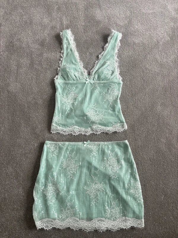 Bershka Bershka Mint Sequin Top And Skirt Co Ord