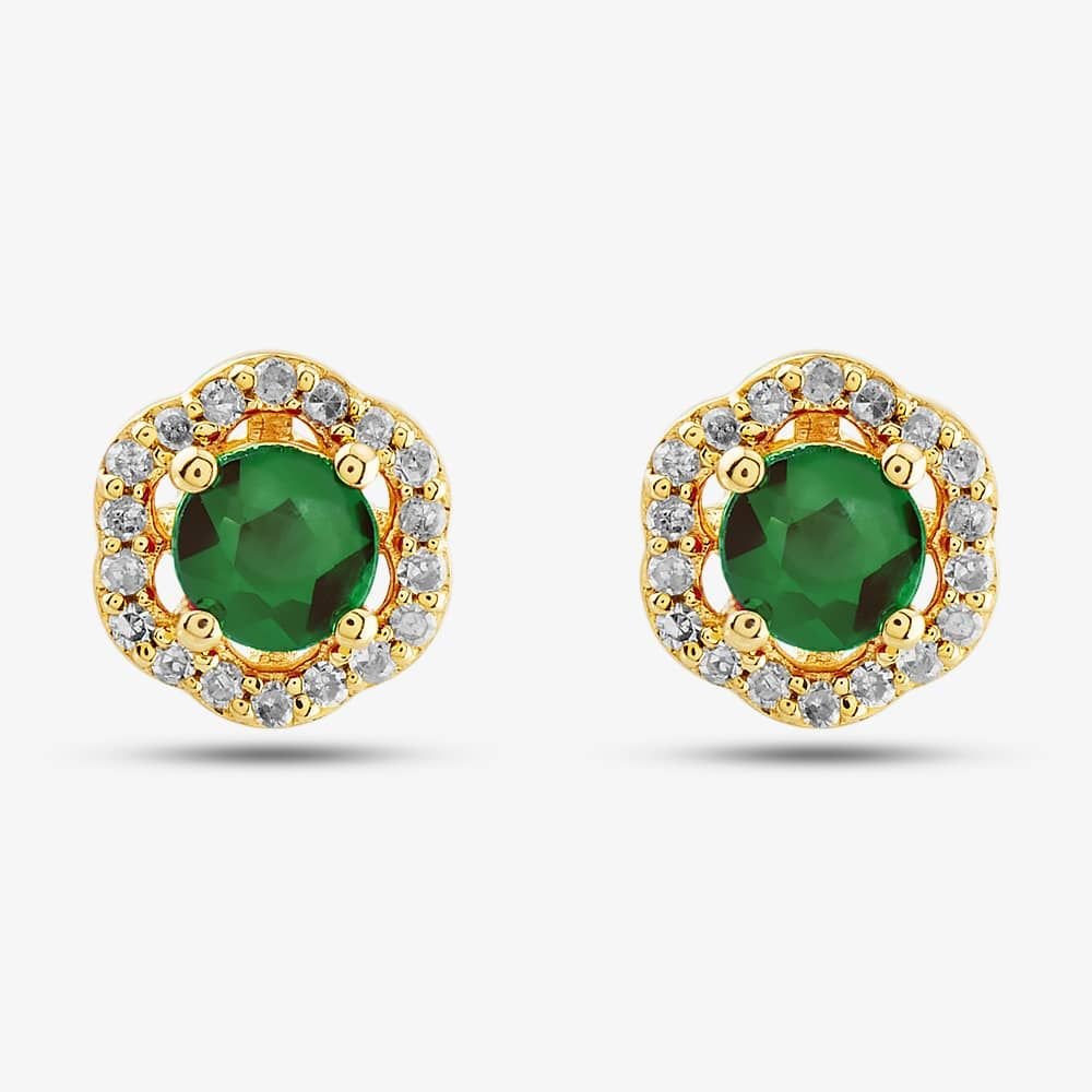T.H.Baker T.H.Baker Women's 9ct Yellow Gold Emerald & Diamond Halo Stud Earrings OJE1701-E - 2