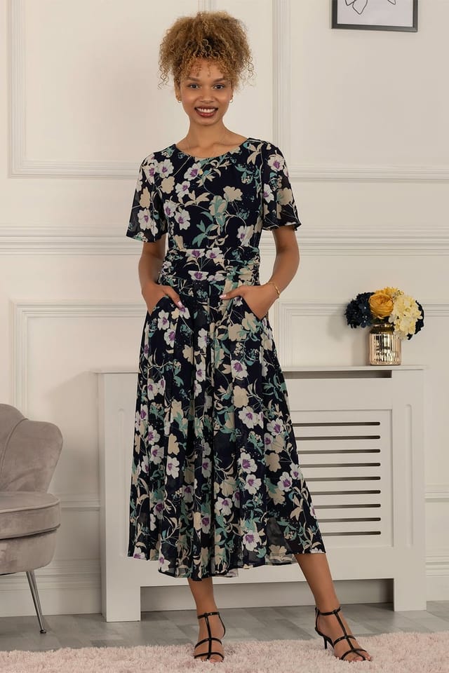 Jolie Moi Jolie Moi Women's Nadine Floral Print Chiffon Dress in Navy - 3