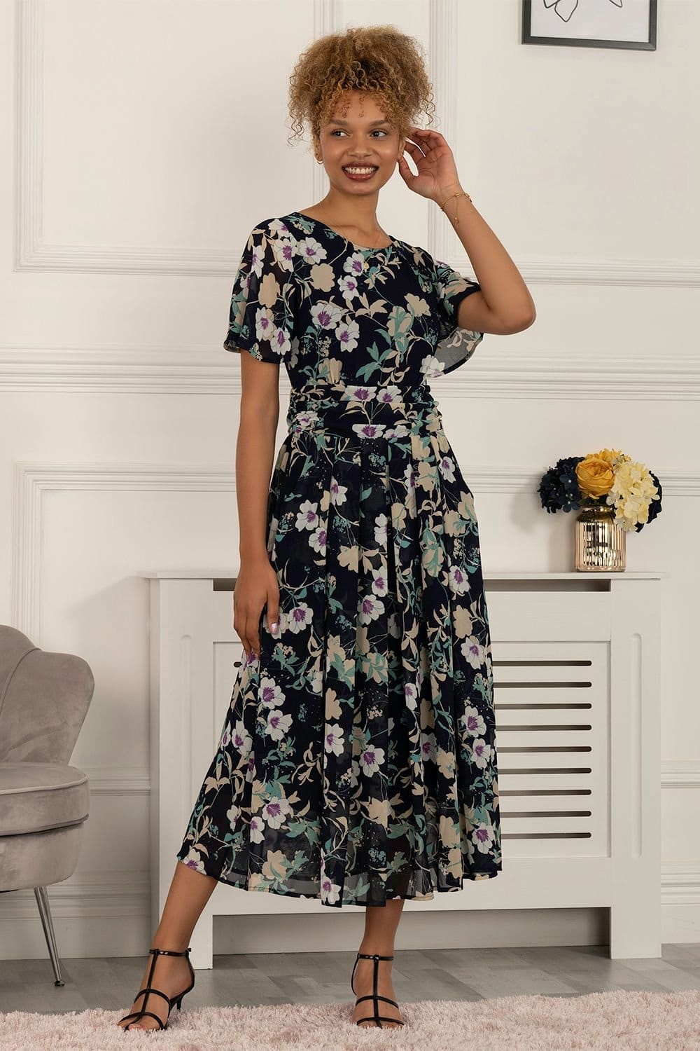 Jolie Moi Jolie Moi Women's Nadine Floral Print Chiffon Dress in Navy - 4