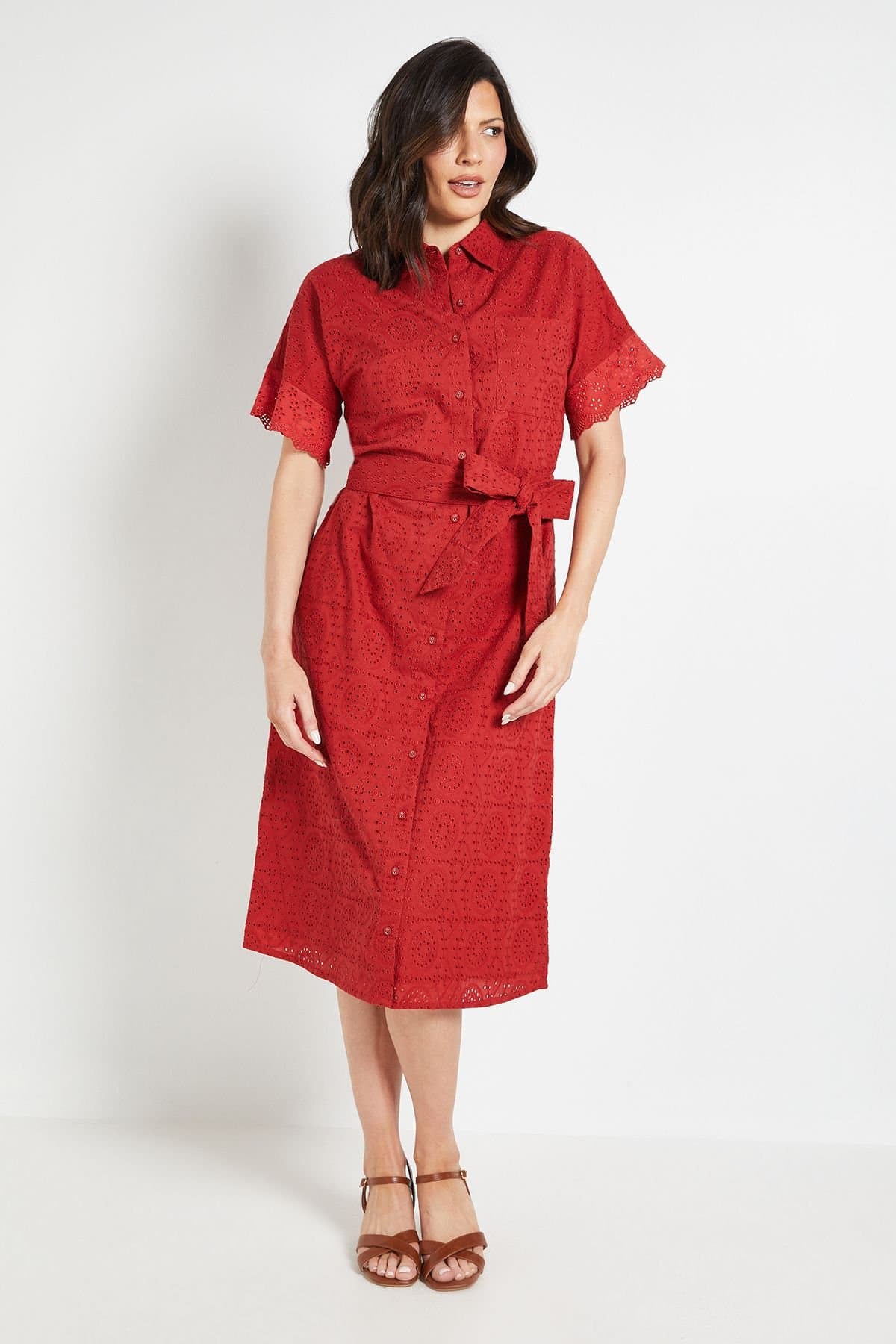 Wallis Wallis Women's Summer Broderie Shrit Dress in Red