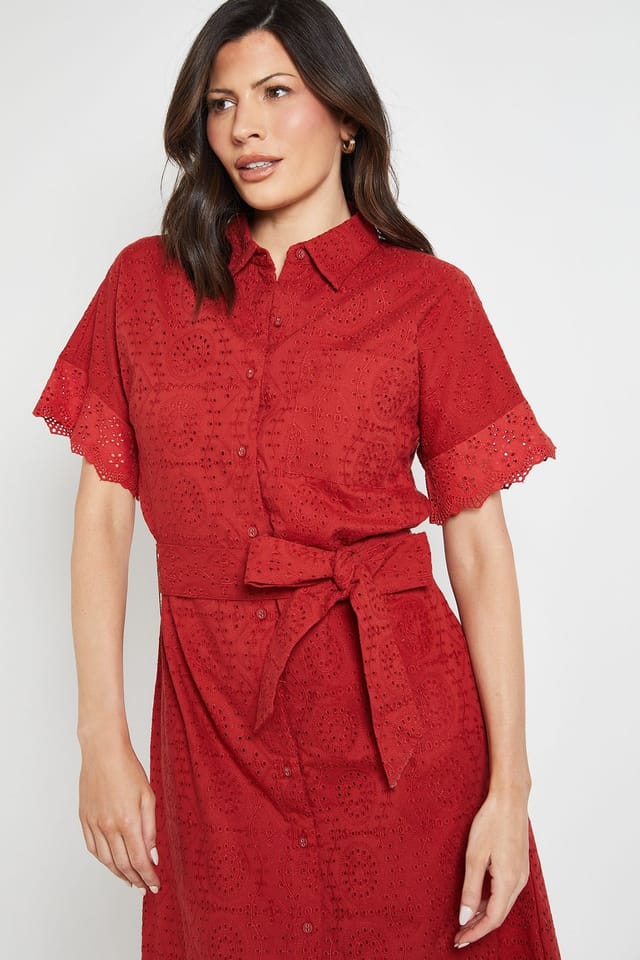 Wallis Wallis Women's Summer Broderie Shrit Dress in Red - 2