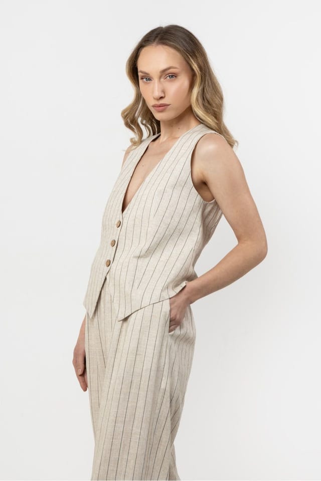 Love Lace Love Lace Women's Delicate Striped Linen V Neck Vest in Beige - 2