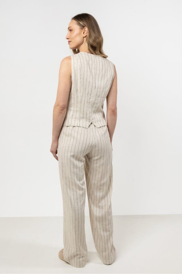 Love Lace Love Lace Women's Delicate Striped Linen V Neck Vest in Beige - 3