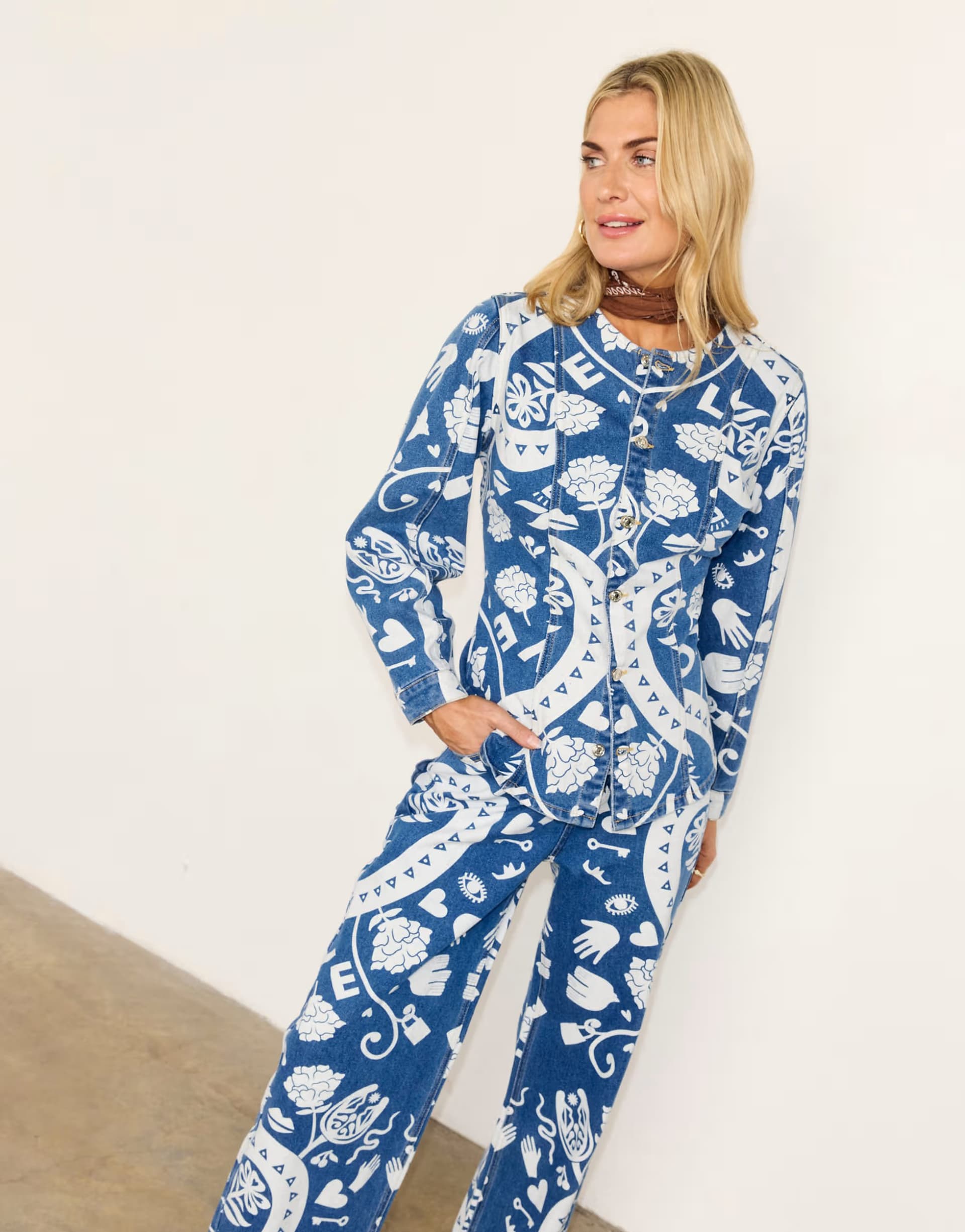 ASOS Never Fully Dressed Amara printed denim structured balloon sleeve jacket in blue