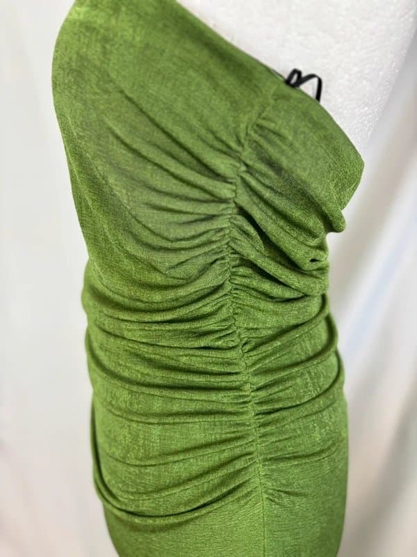 New Look UK 18 New Look Ruched Bandeau Midi Dress Stretch Bodycon Strapless Olive Green Textured