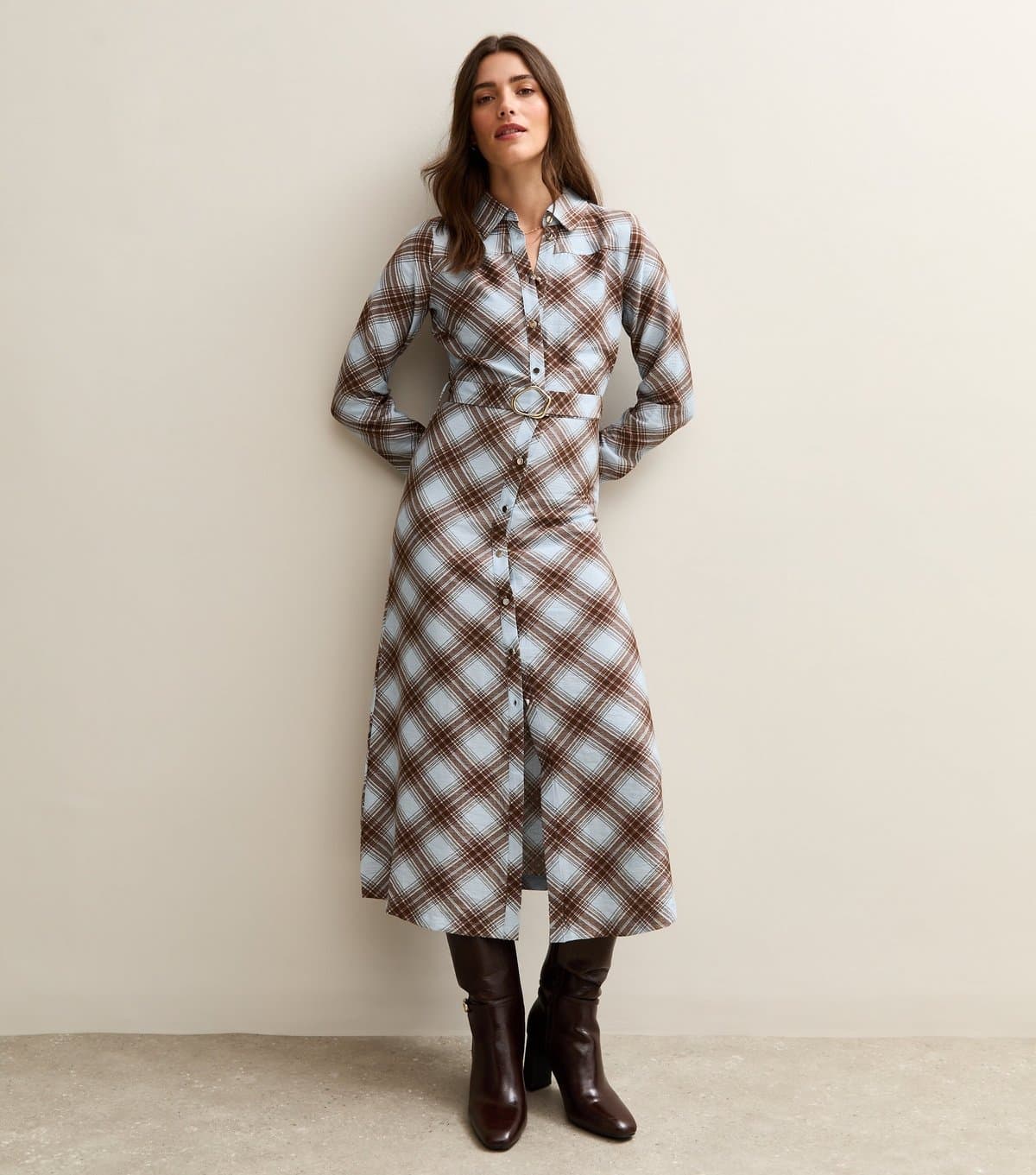 New Look Women's Blue Checked Belted Midi Shirtdress New Look