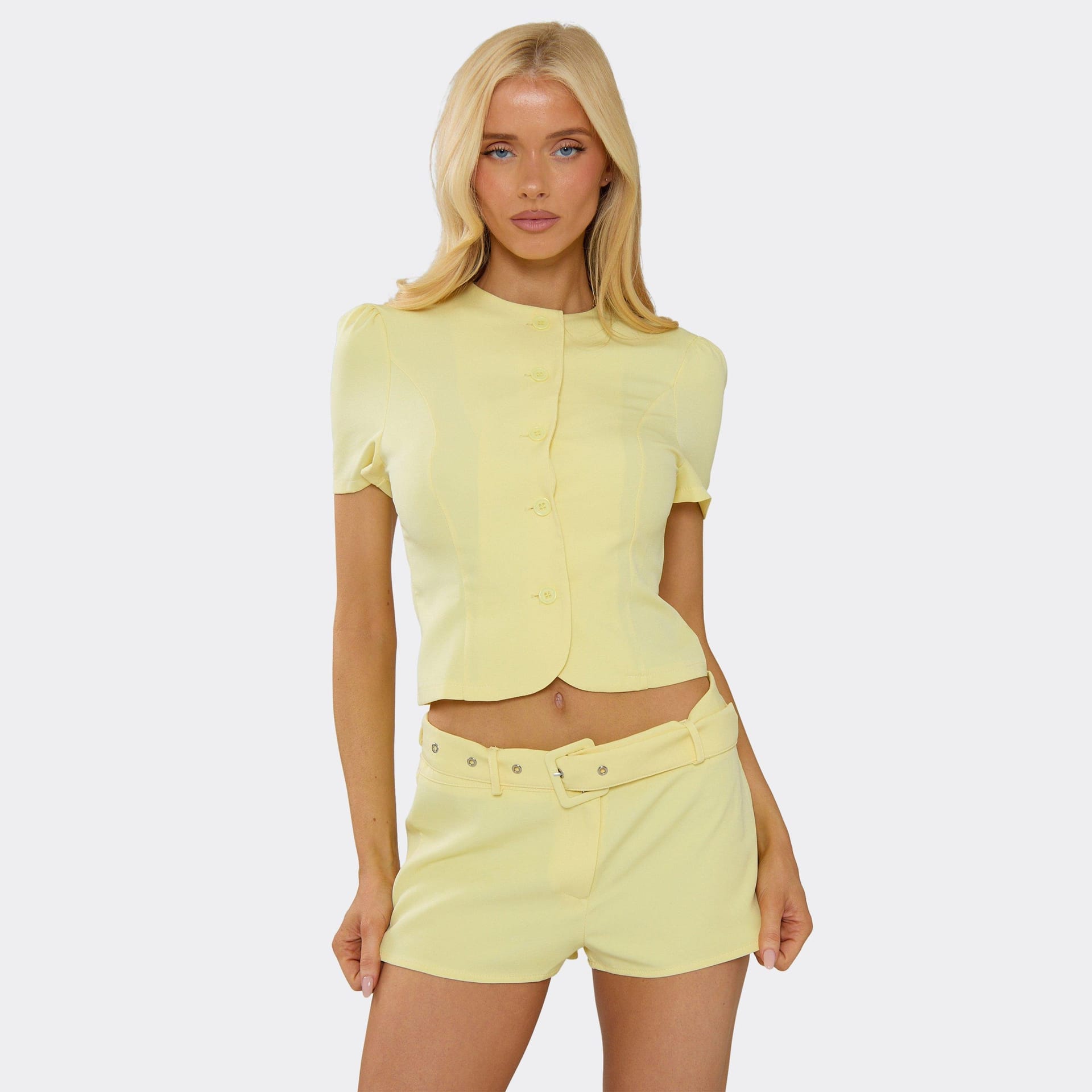 EGO Yellow Tailored Short Sleeve Button-Up Top