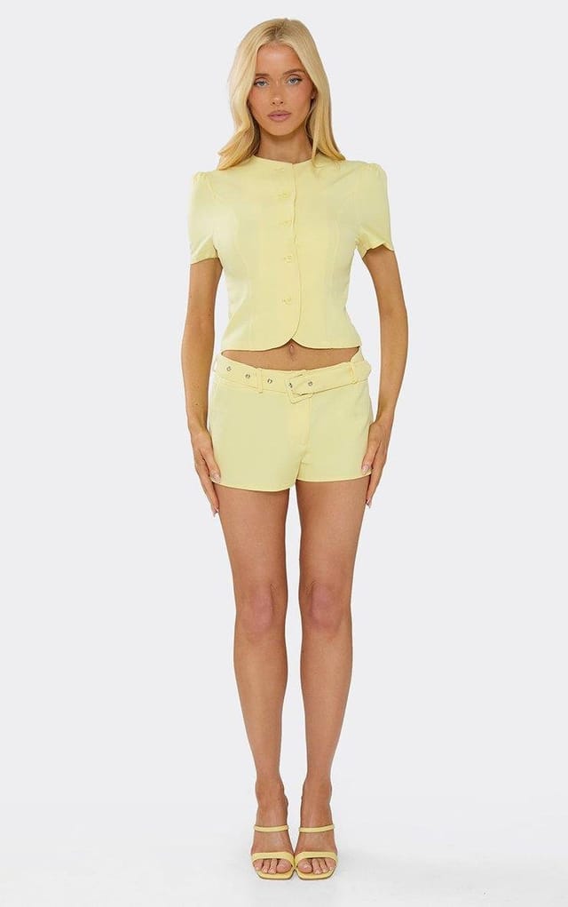 EGO Short Sleeve Button Up Front Tailored Top In Yellow, Women's Size UK 6 - 2