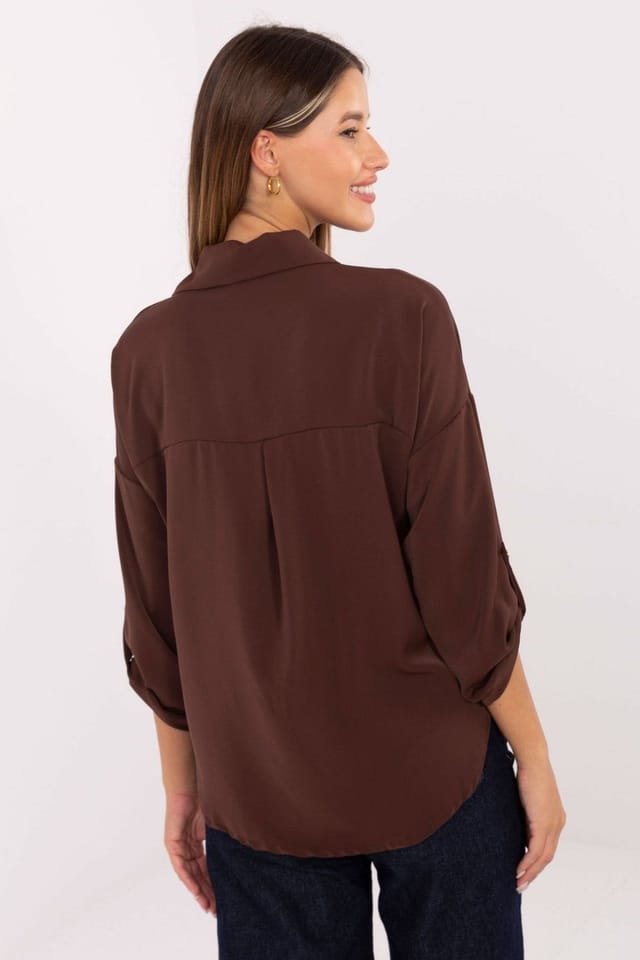 Love Lace Love Lace Women's Classic Long Sleeve Shirt with Elegant Brooch in Brown - 3