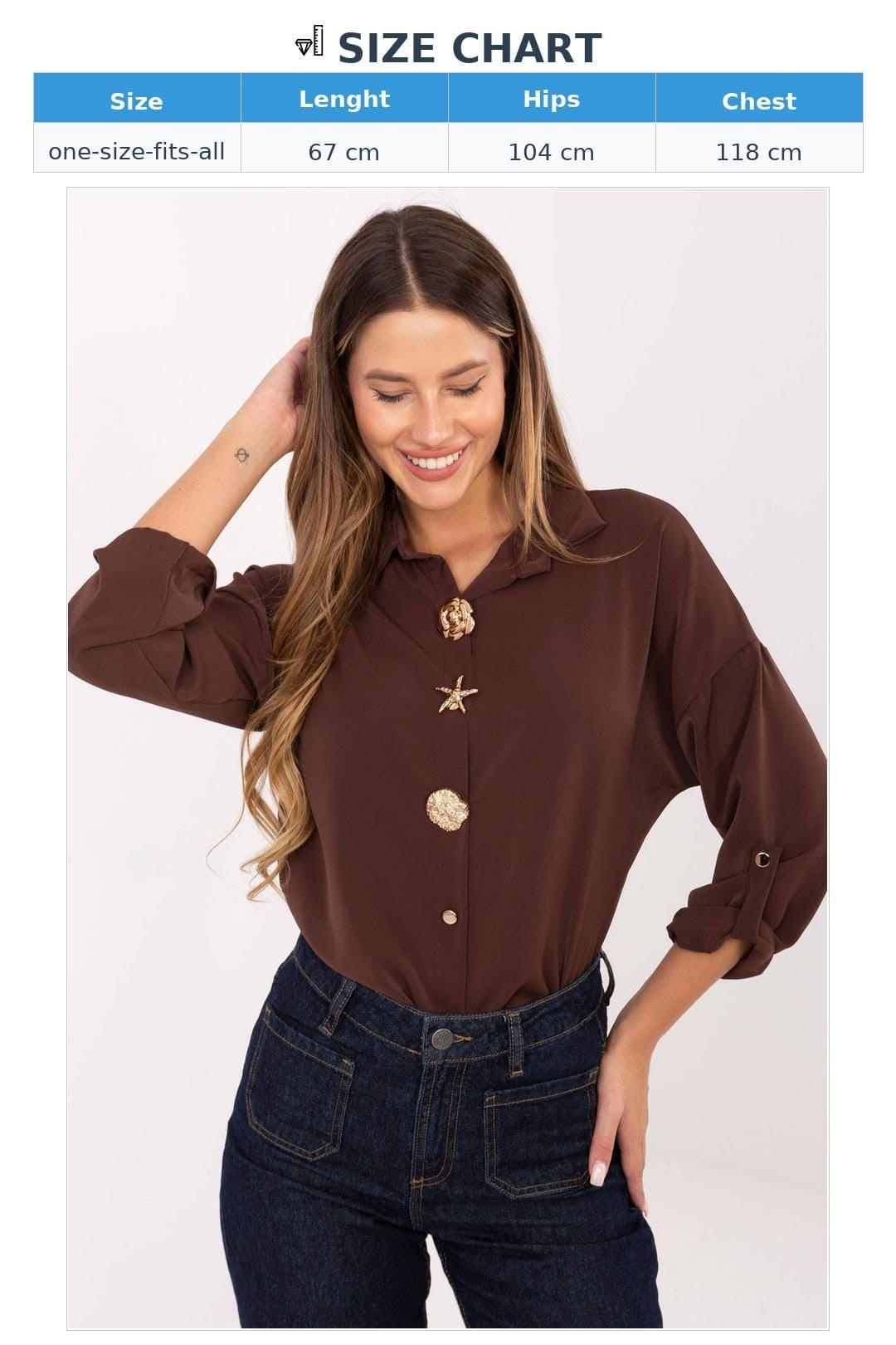 Love Lace Love Lace Women's Classic Long Sleeve Shirt with Elegant Brooch in Brown - 4