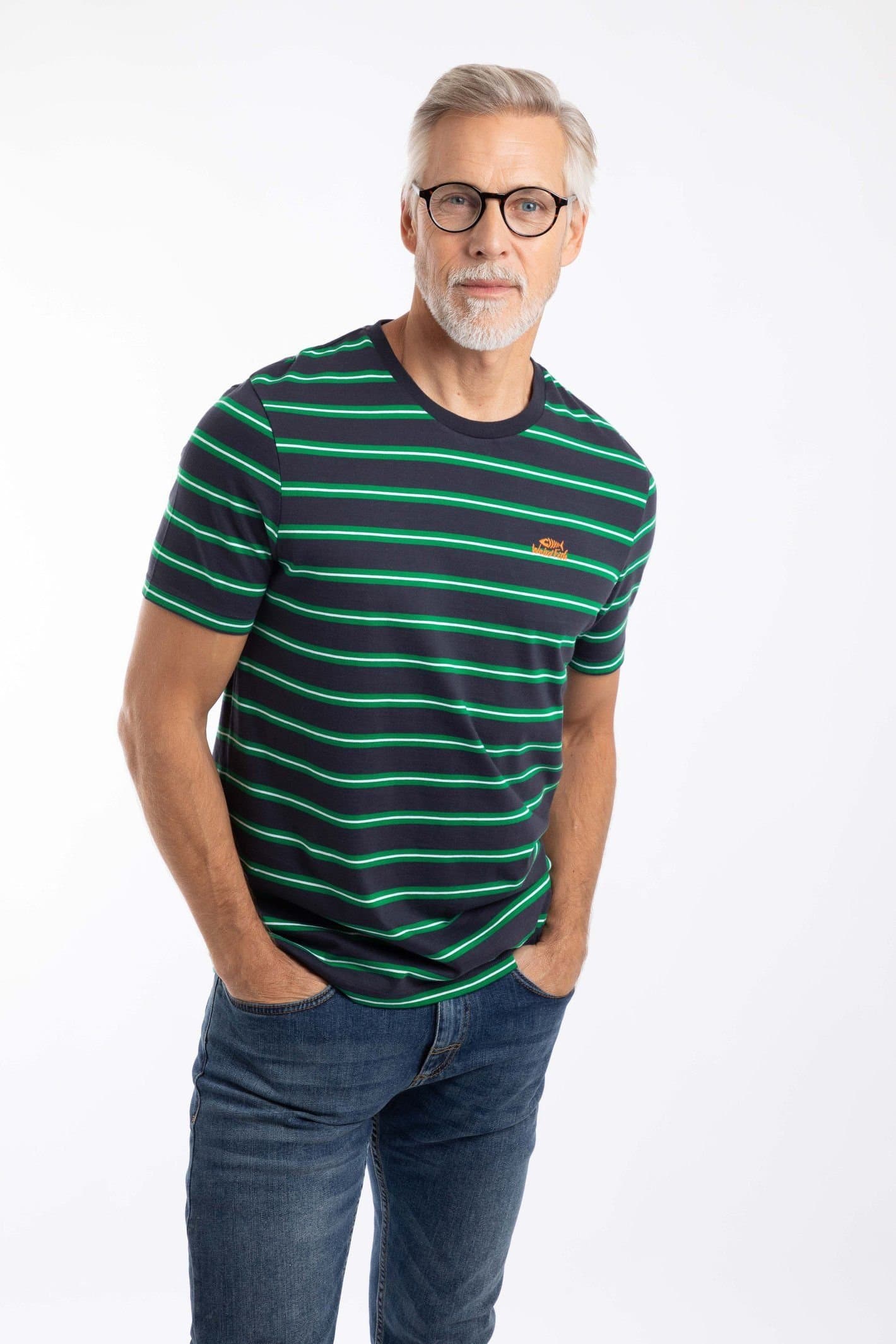 Weird Fish Weird Fish Men's Finn Striped Branded T-Shirt in Navy
