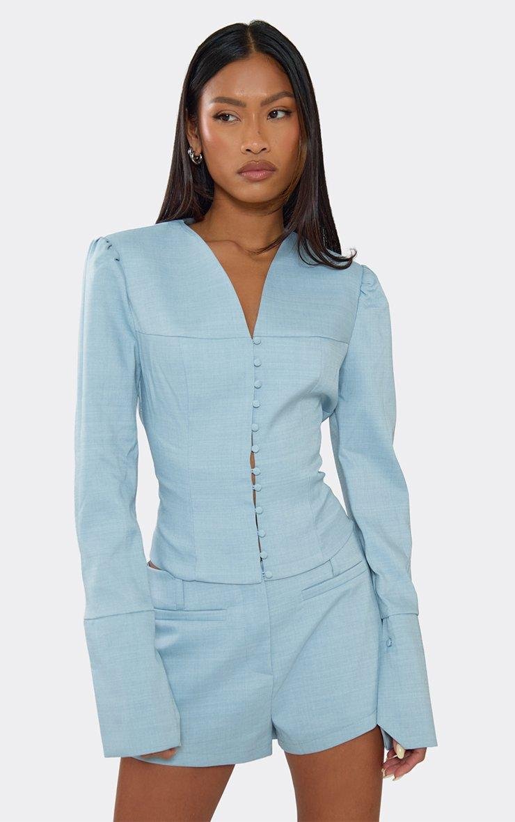 EGO Long Puff Sleeve Button Up Tailored Blazer In Blue, Women's Size UK 6 - 2