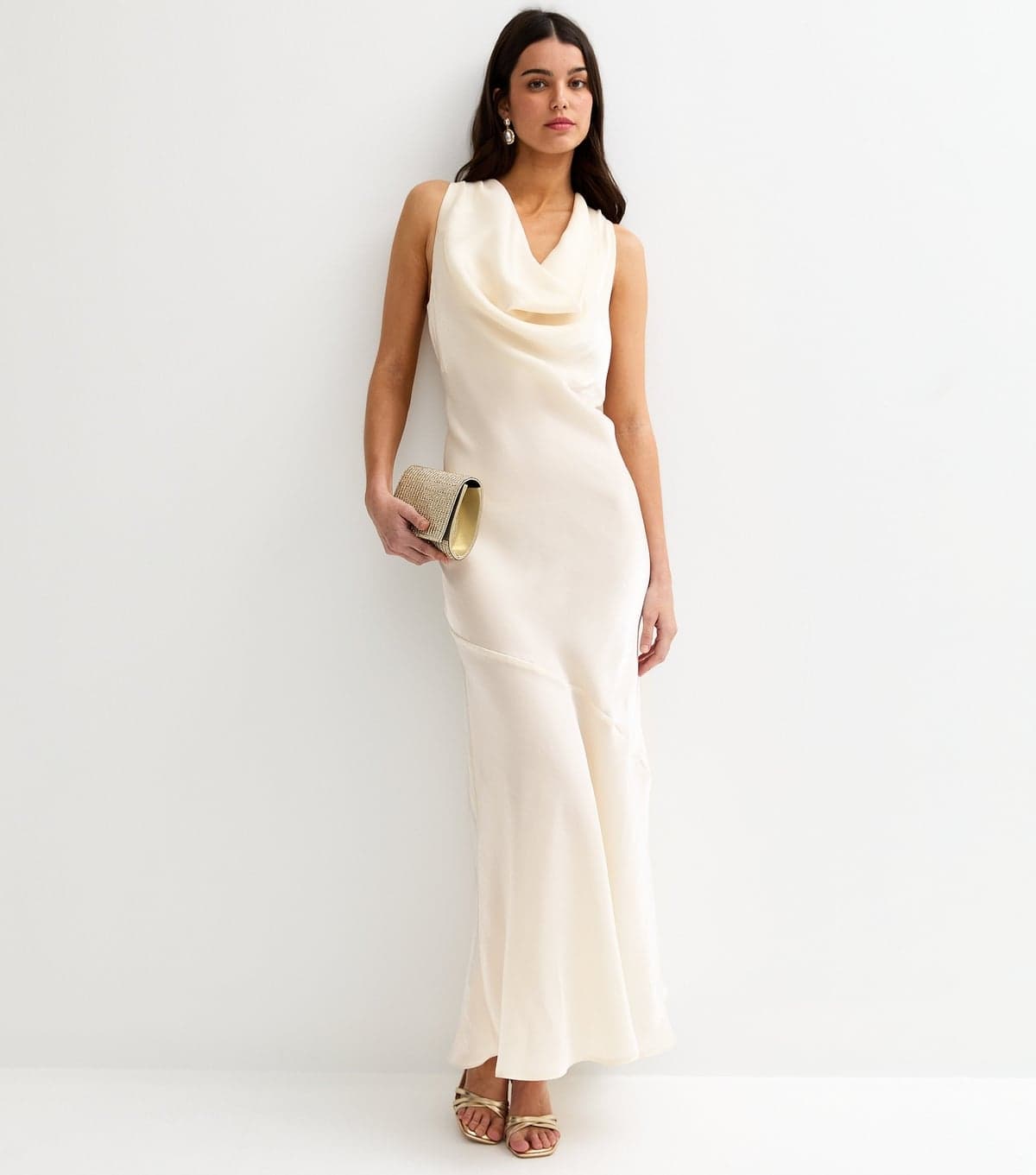 New Look Women's Cream Sparkly Satin Cowl Neck Maxi Dress New Look
