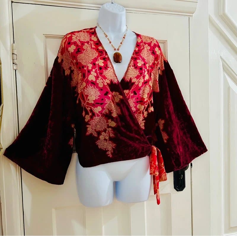 Zara burgundy velvet wrap kimono blouse wedding special occasion Holiday festival Bohemian small