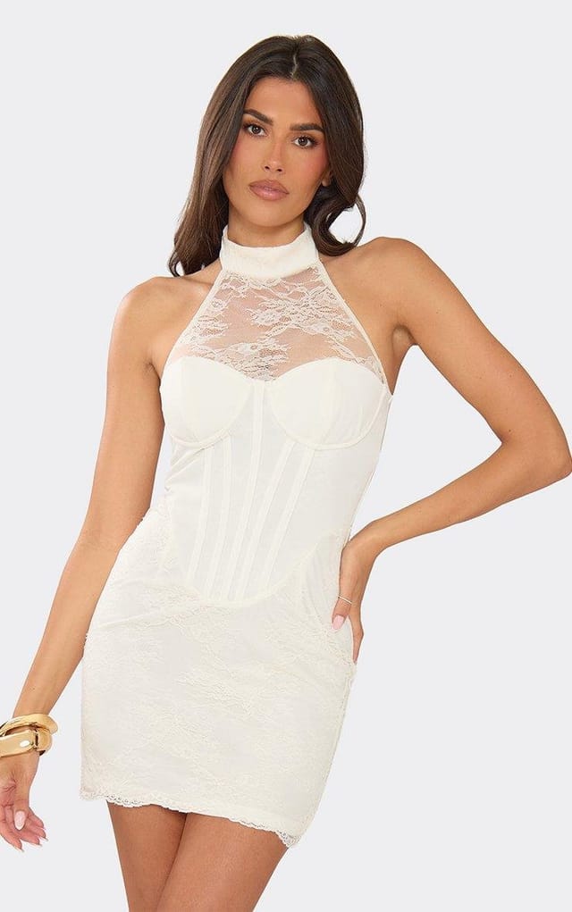 EGO High Neck Halter Corset Mini Dress In Cream Lace., Women's Size UK 6 - 2