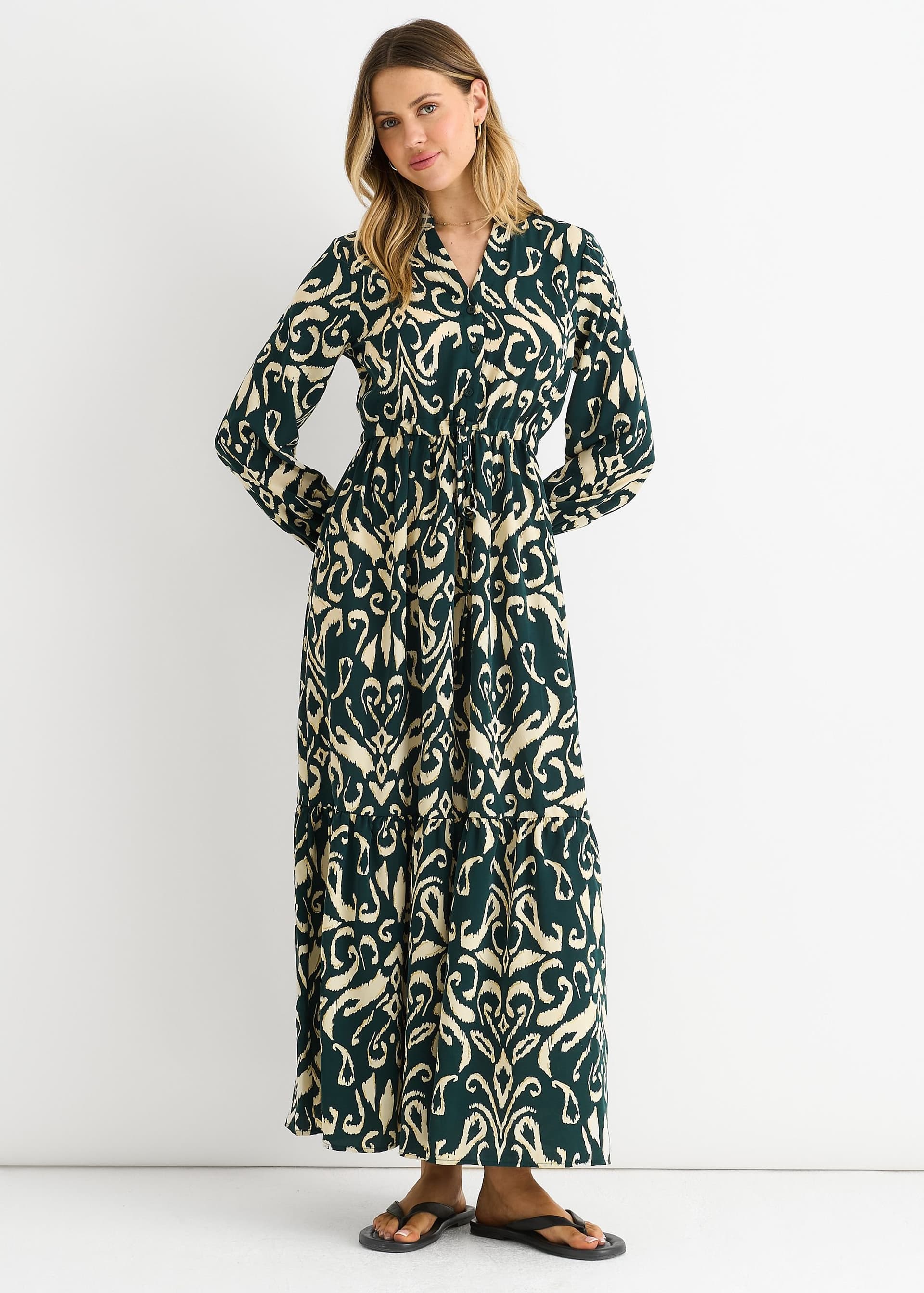 Gini London Gini London Women's Green Ikat Print Tie Waist Maxi Dress