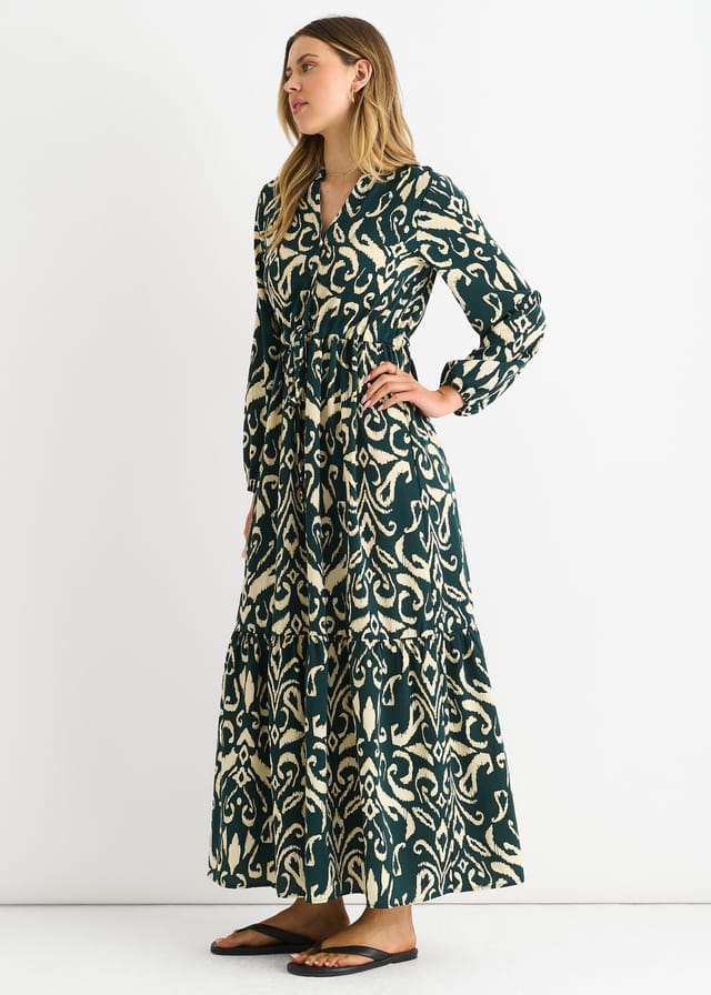 Gini London Gini London Women's Green Ikat Print Tie Waist Maxi Dress - 3