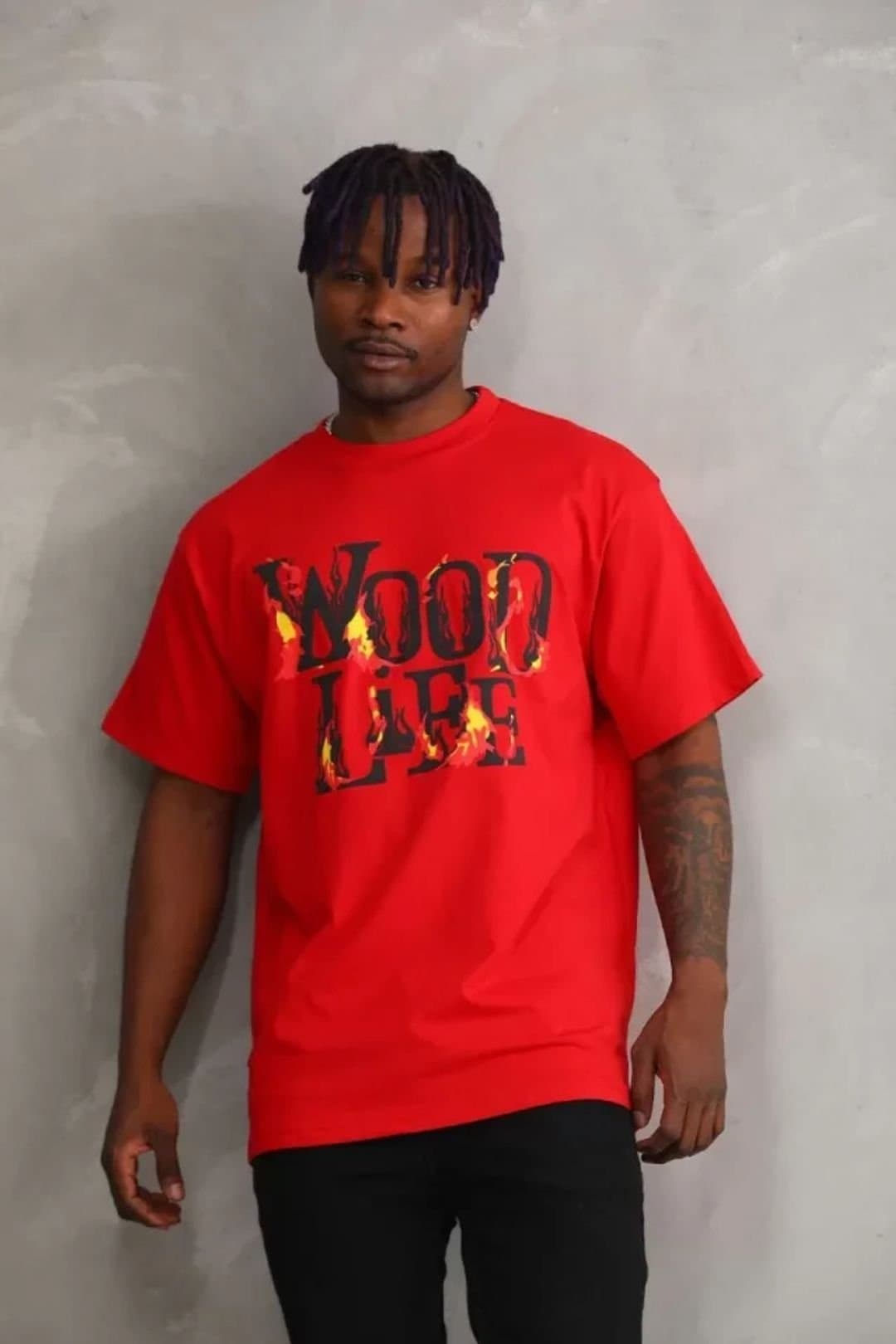Janes Janes Men's Oversized Crew Neck Short Sleeve Text Print T-Shirt in Red