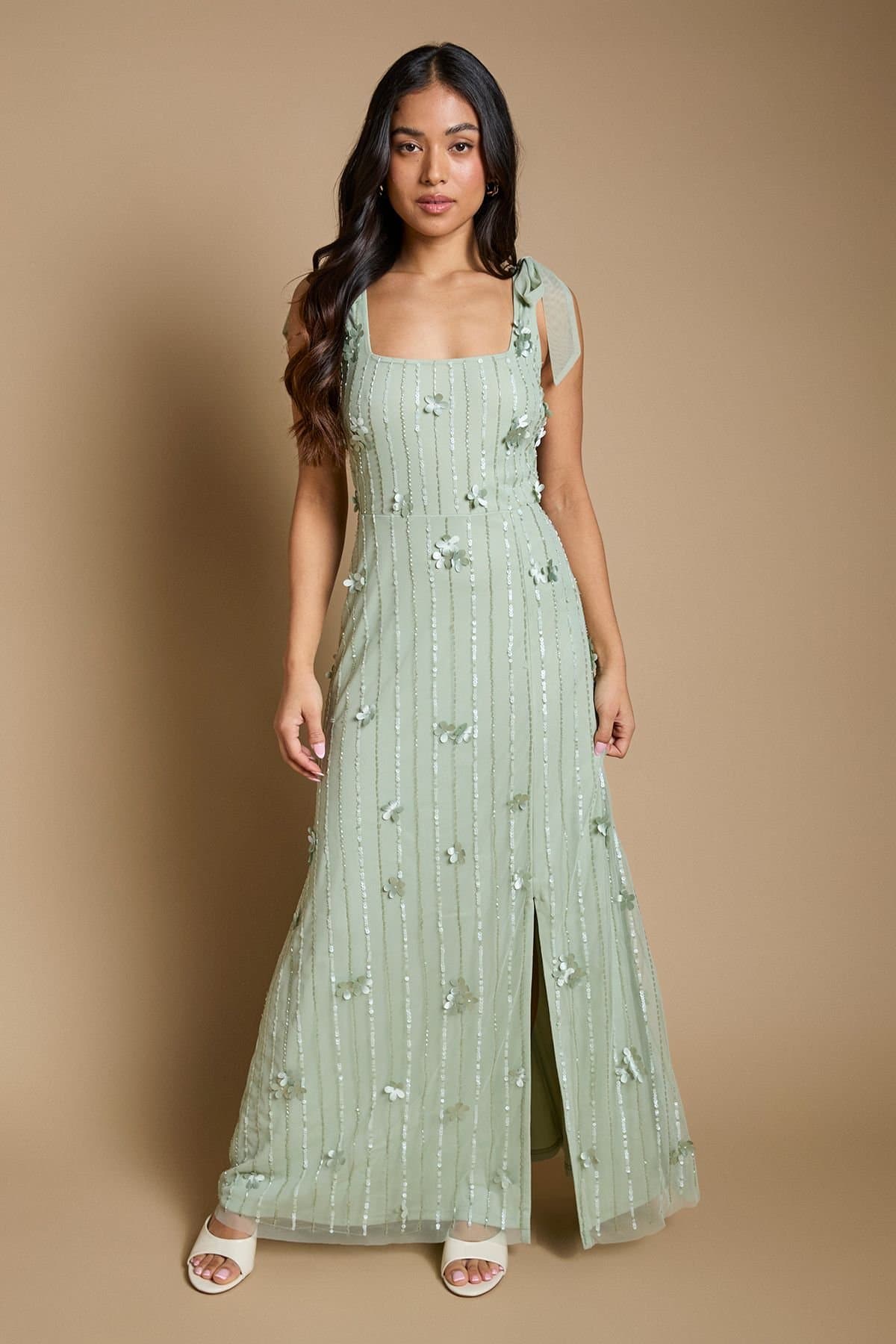 Oasis Oasis Women's Petite 3D Floral Linear Beadwork Tie Shoulder Dress in Sage