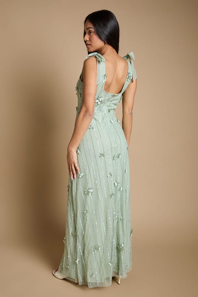 Oasis Oasis Women's Petite 3D Floral Linear Beadwork Tie Shoulder Dress in Sage - 3