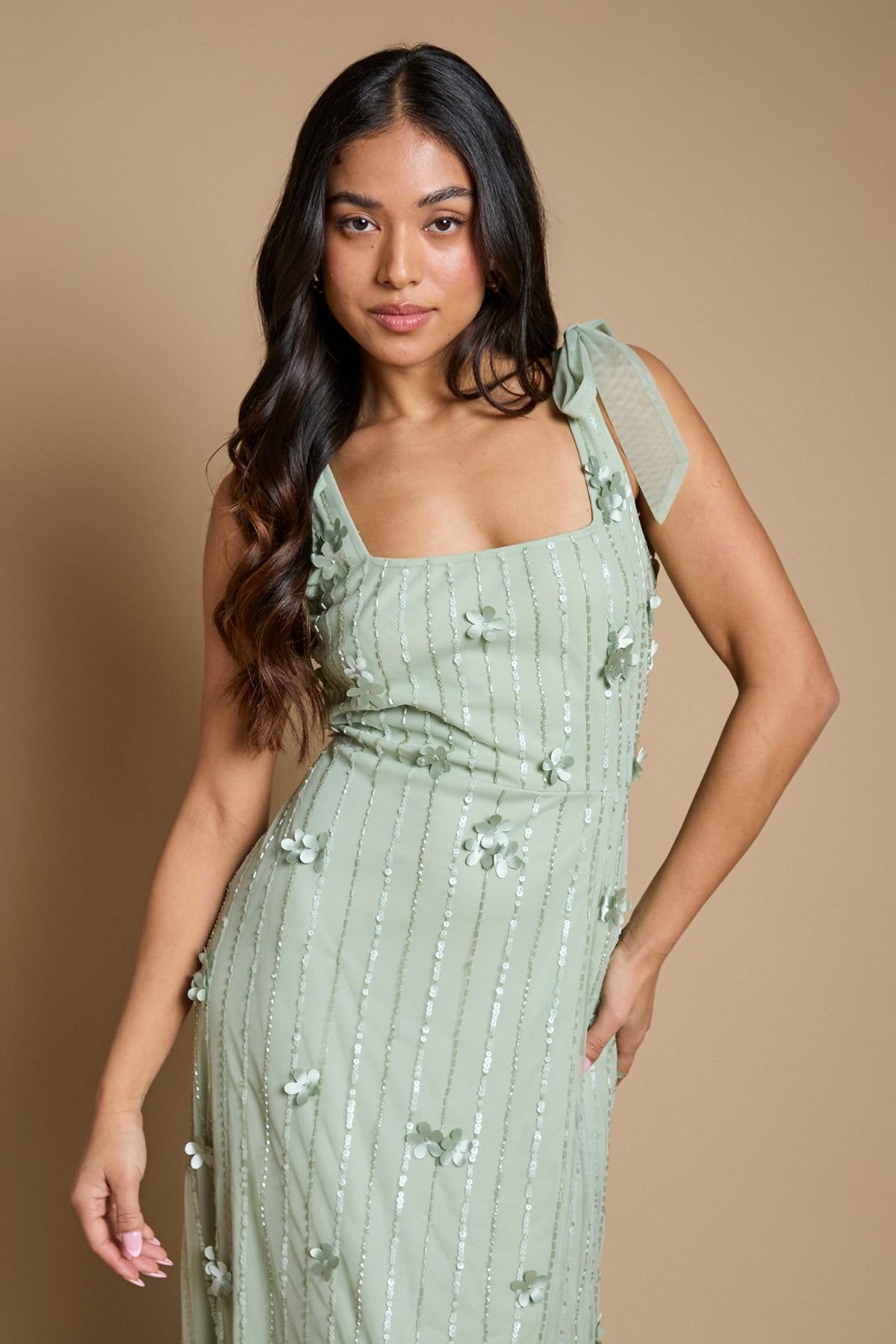 Oasis Oasis Women's Petite 3D Floral Linear Beadwork Tie Shoulder Dress in Sage - 4