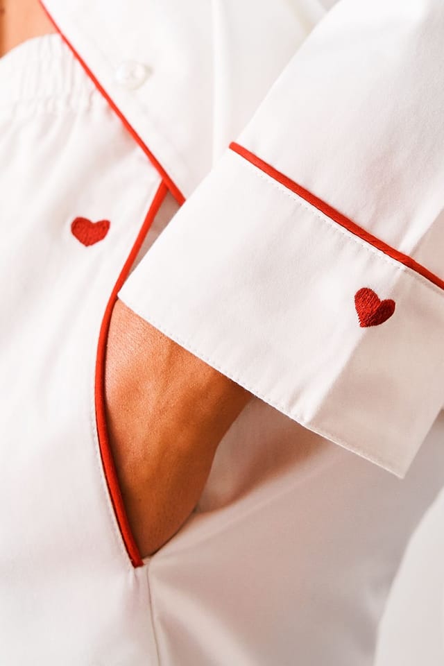 Christy CHRISTY Women's 'Heart' Embroidered Cotton Pyjama Set in White - 3