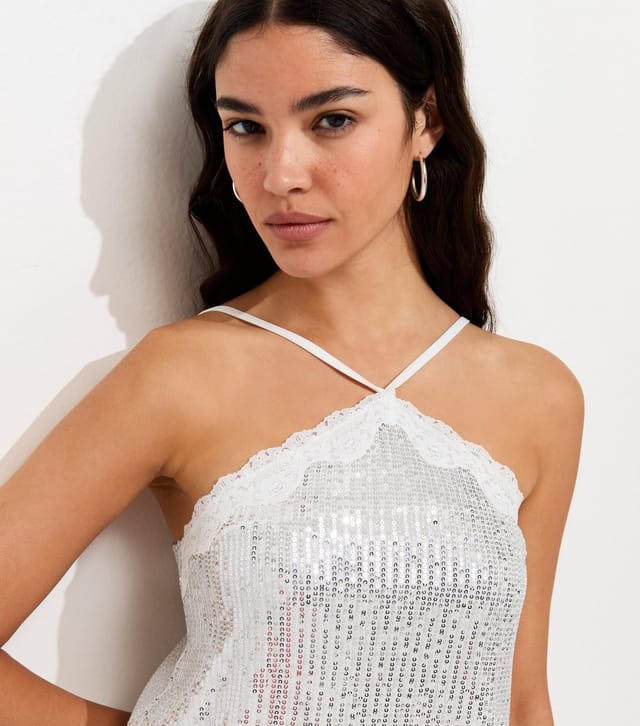 New Look Women's Silver Sequin Embellished Lace Trim Mini Dress New Look - 2