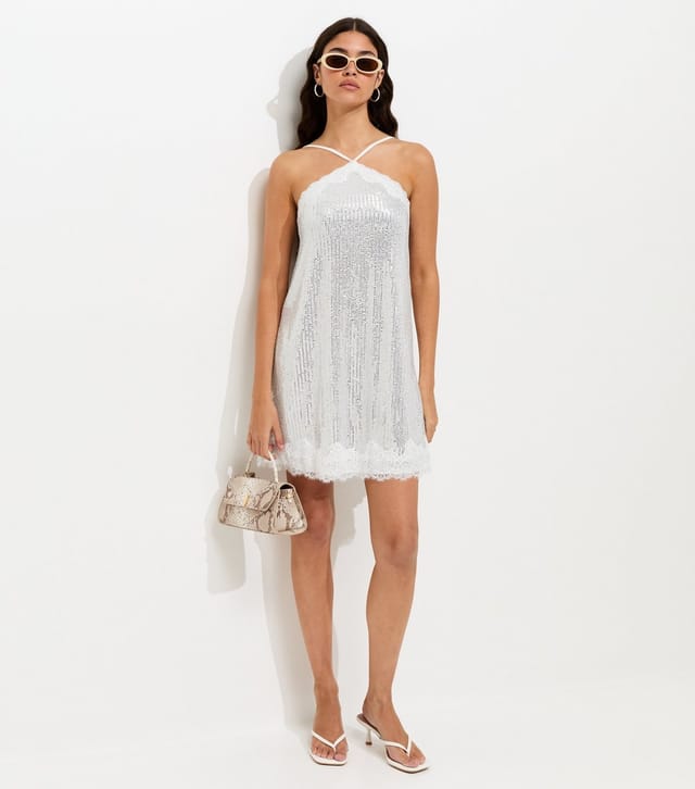 New Look Women's Silver Sequin Embellished Lace Trim Mini Dress New Look - 3