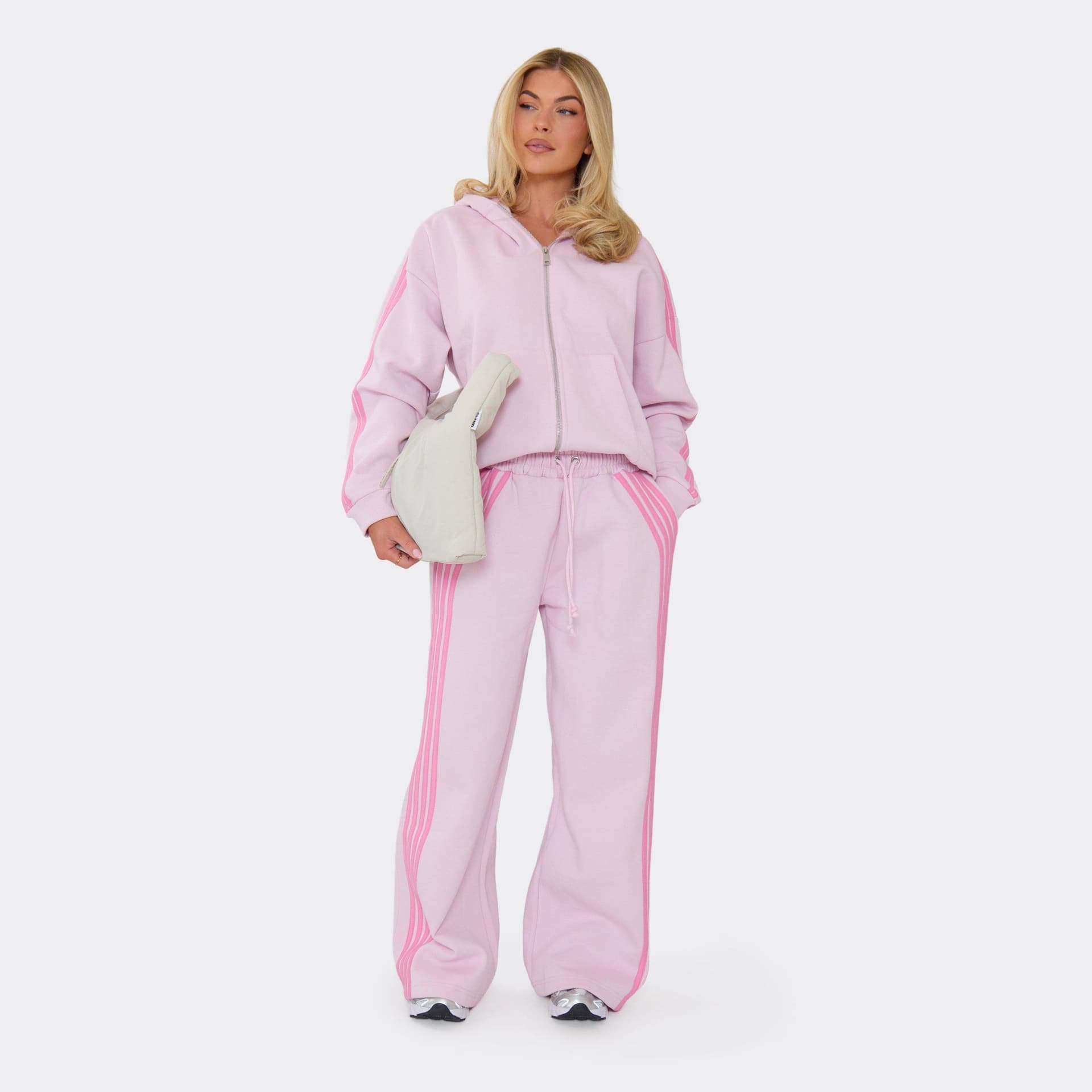 EGO Heavyweight Mid Rise Contrast Stripe Detail Wide Leg Joggers In Pink, Women's Size UK 6