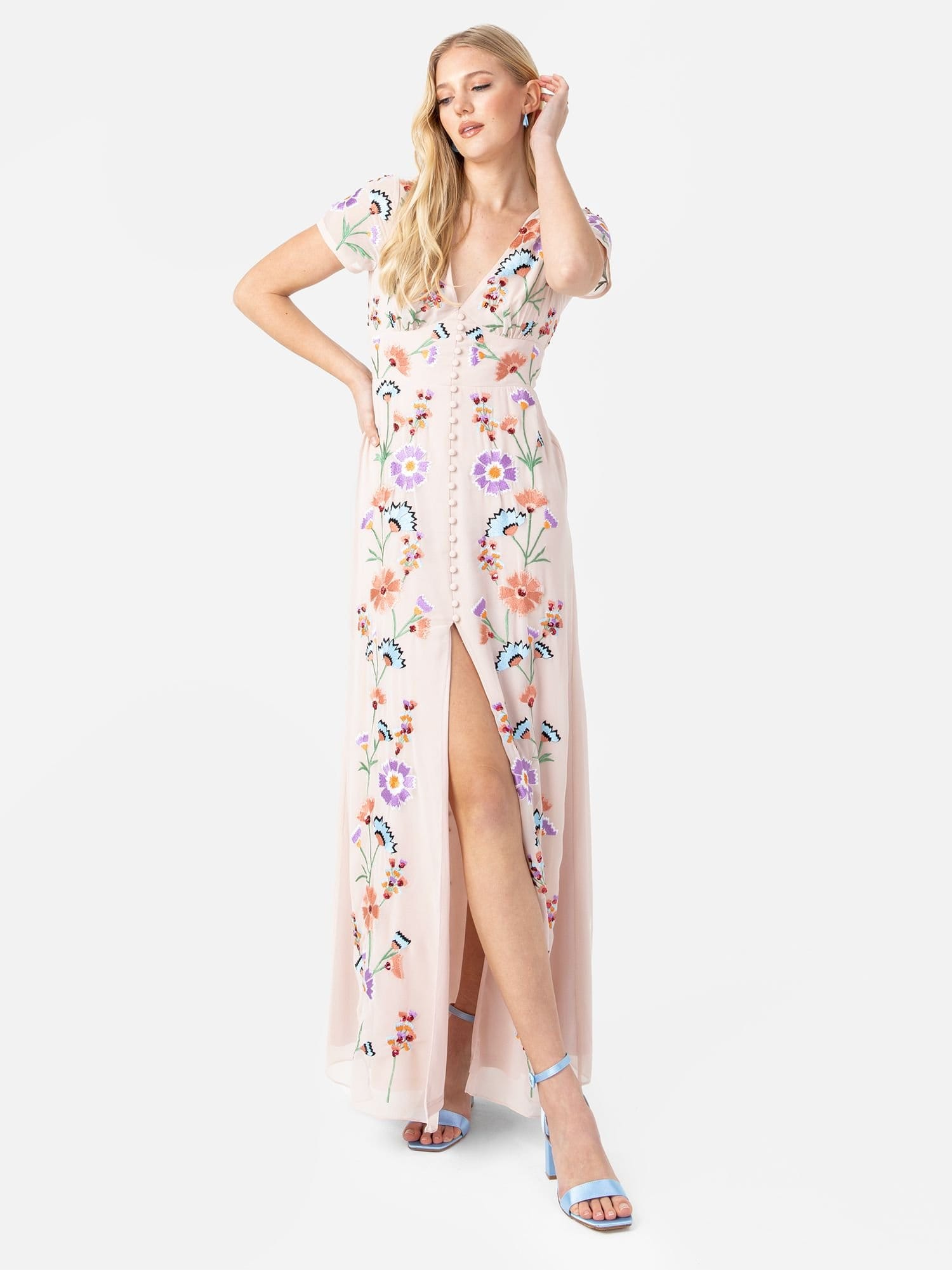 Maya Deluxe Nude Embroidery Maxi Dress