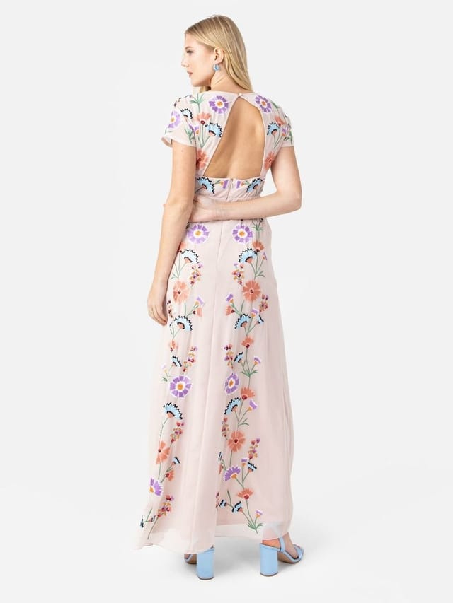 Maya Deluxe Maya Deluxe Women's Embroidery & Faux Button Front Maxi Dress in Nude - 2