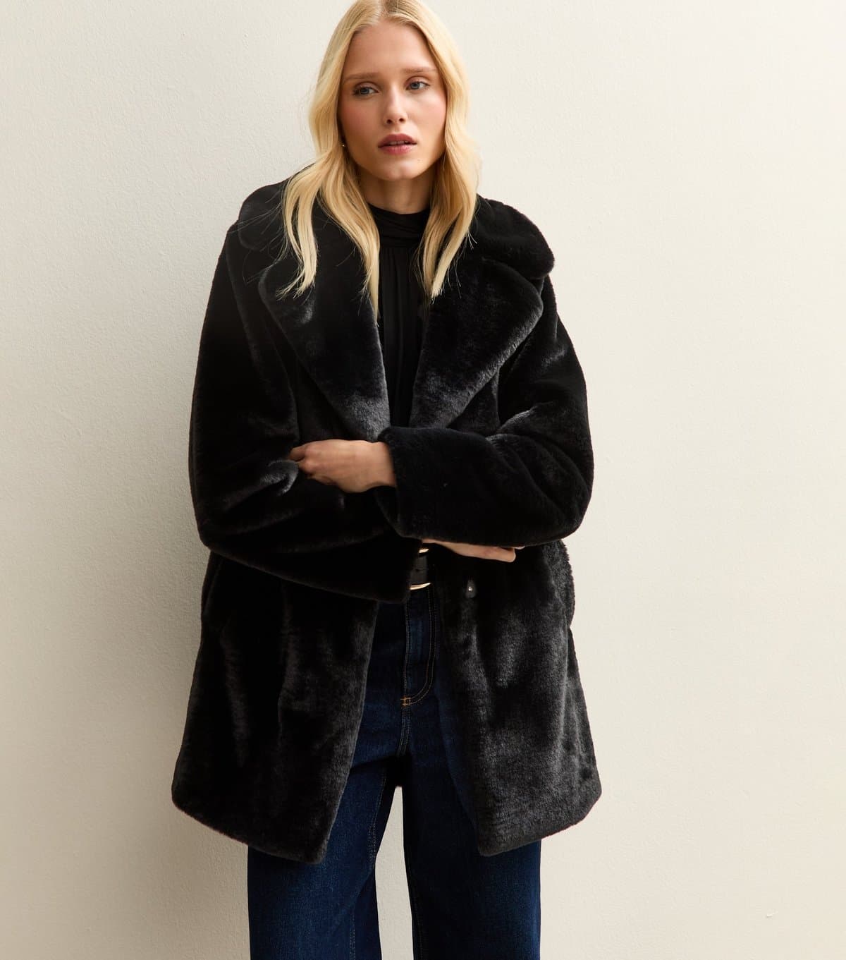 New Look Women's Black Faux Fur Midi Coat New Look
